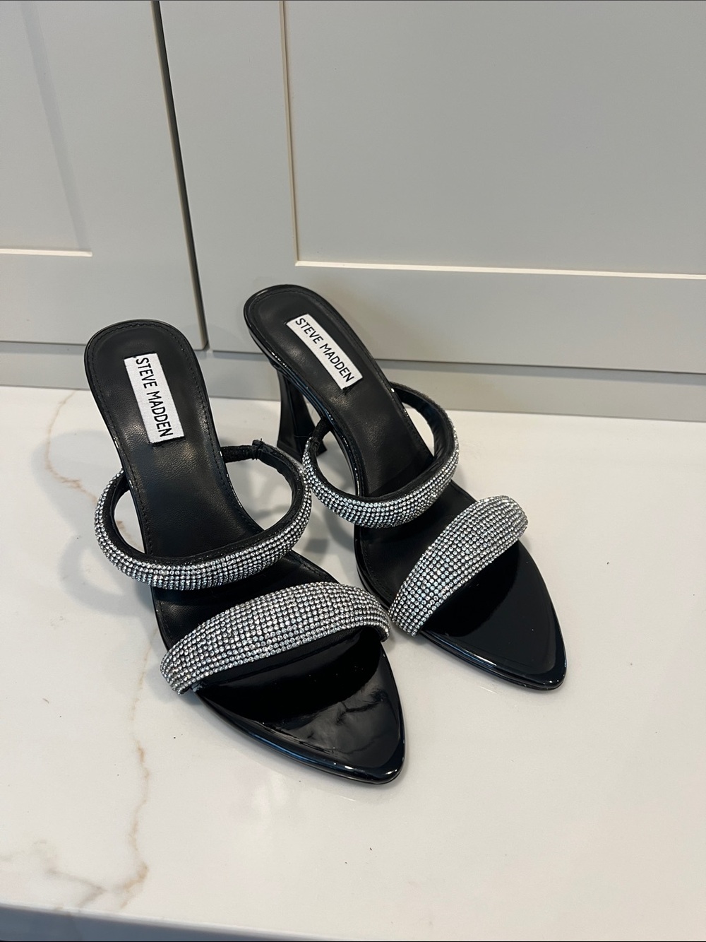 Steve Madden Black Patent Heels with Silver Crystal Straps